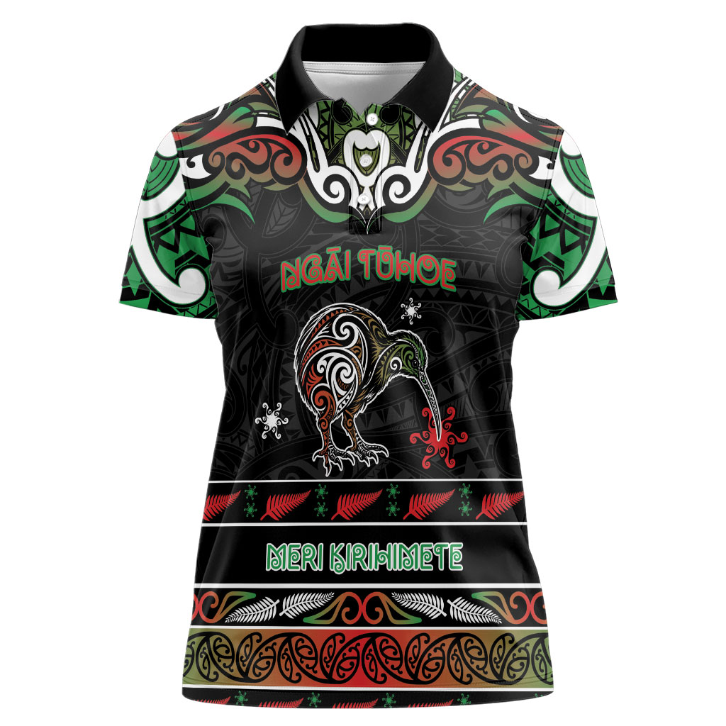 Personalised Ngai Tuhoe Aotearoa Meri Kirihimete Women Polo Shirt Maori Kiwi Bird Silver Fern Koru Pattern