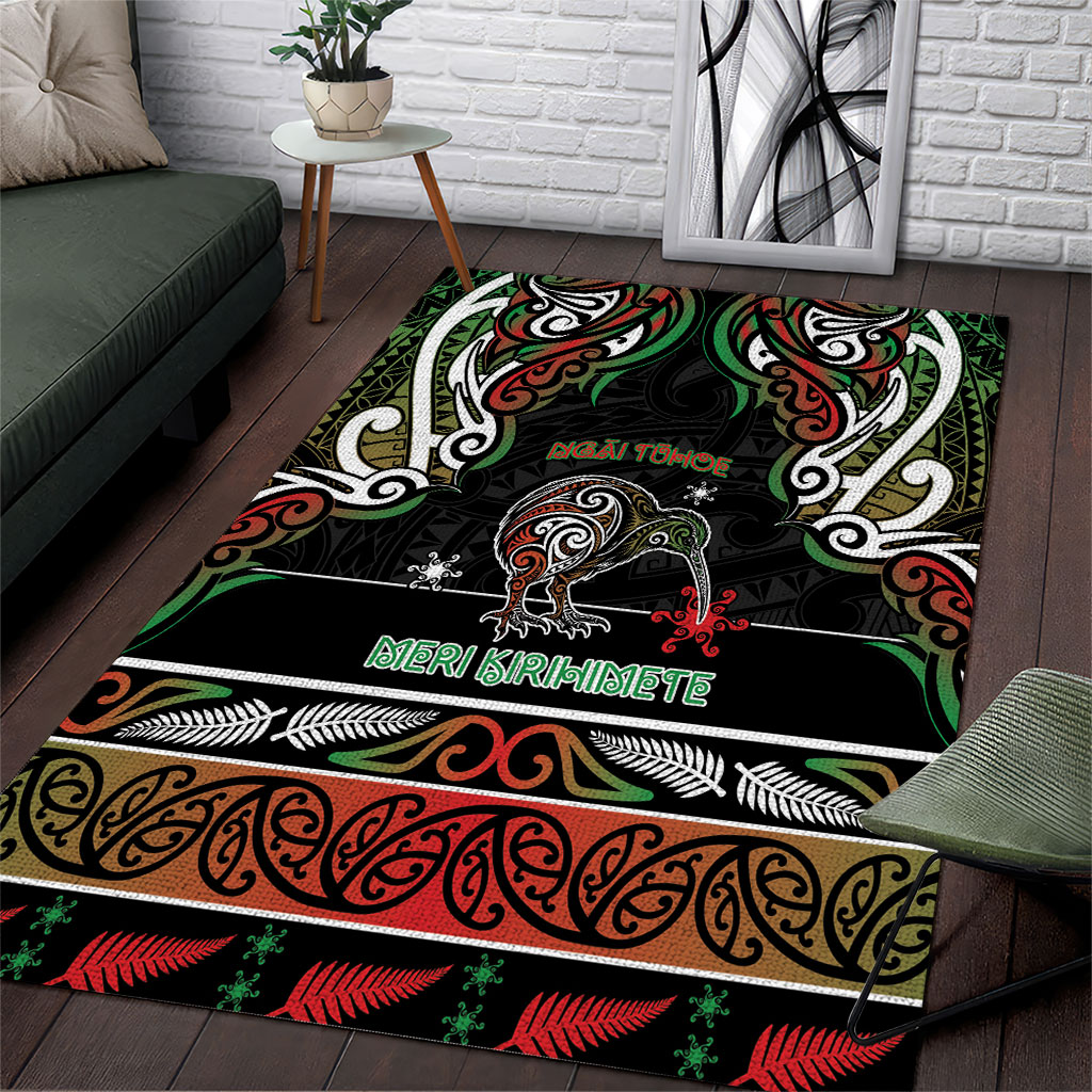 Ngai Tuhoe Aotearoa Meri Kirihimete Area Rug Maori Kiwi Bird Silver Fern Koru Pattern