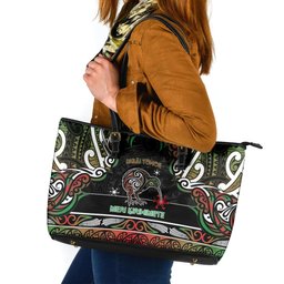 Ngai Tuhoe Aotearoa Meri Kirihimete Leather Tote Bag Maori Kiwi Bird Silver Fern Koru Pattern