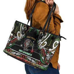 Ngai Tuhoe Aotearoa Meri Kirihimete Leather Tote Bag Maori Kiwi Bird Silver Fern Koru Pattern