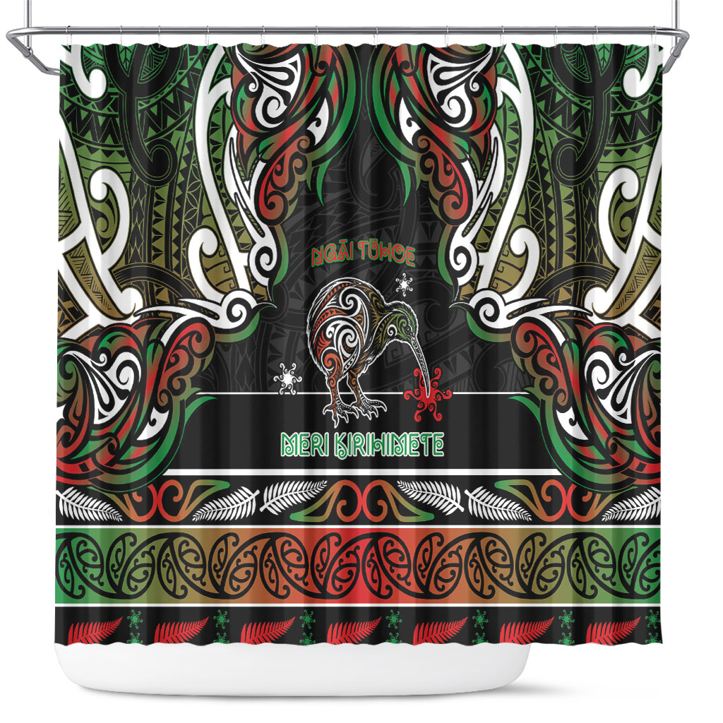 Ngai Tuhoe Aotearoa Meri Kirihimete Shower Curtain Maori Kiwi Bird Silver Fern Koru Pattern