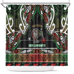 Ngai Tuhoe Aotearoa Meri Kirihimete Shower Curtain Maori Kiwi Bird Silver Fern Koru Pattern