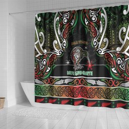 Ngai Tuhoe Aotearoa Meri Kirihimete Shower Curtain Maori Kiwi Bird Silver Fern Koru Pattern