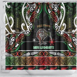 Ngai Tuhoe Aotearoa Meri Kirihimete Shower Curtain Maori Kiwi Bird Silver Fern Koru Pattern