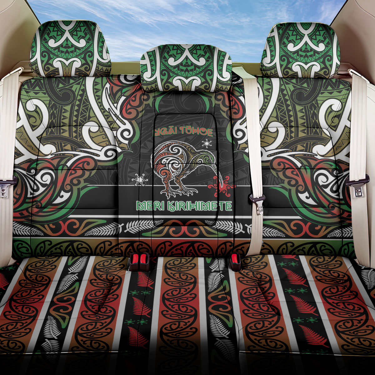 Ngai Tuhoe Aotearoa Meri Kirihimete Back Car Seat Cover Maori Kiwi Bird Silver Fern Koru Pattern