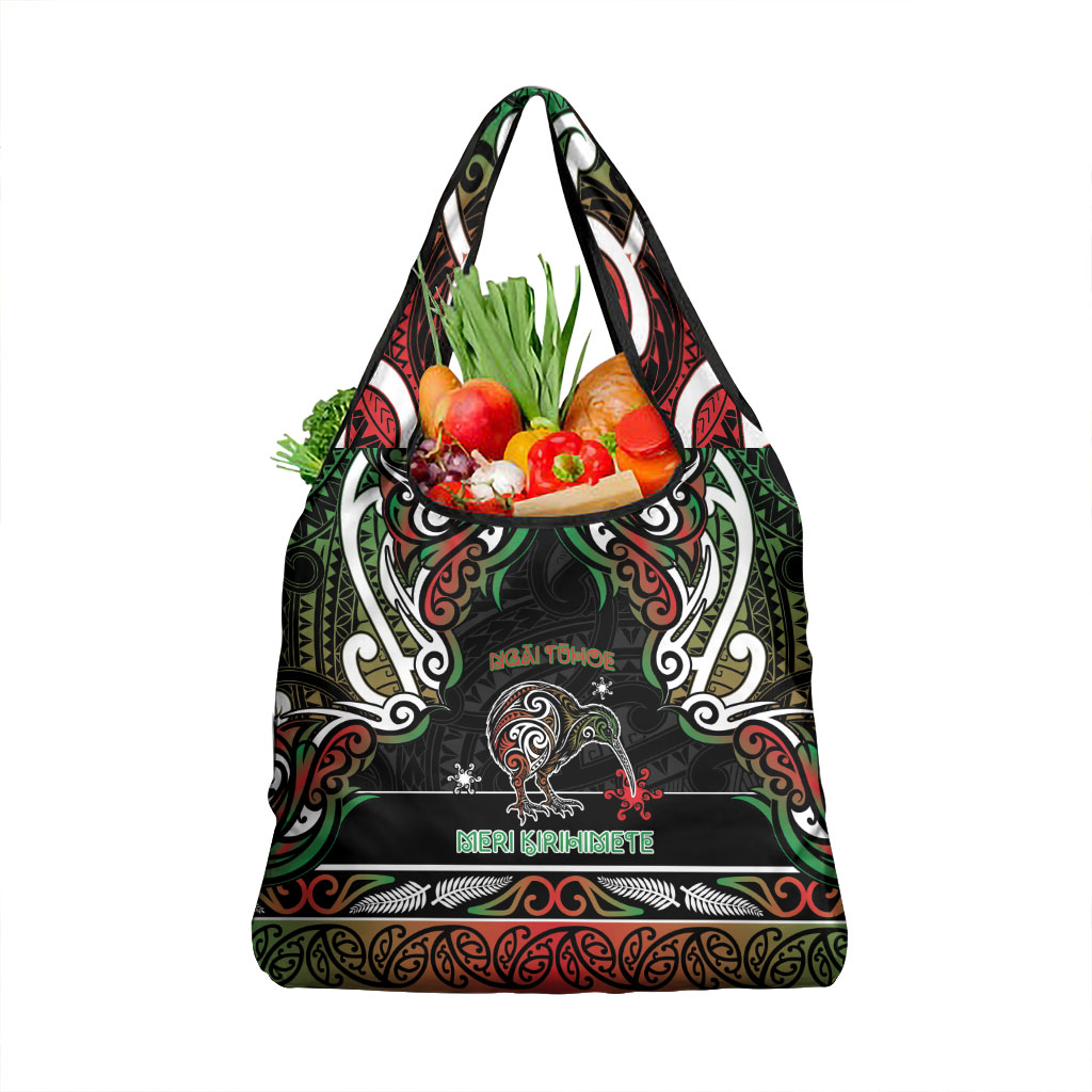 Ngai Tuhoe Aotearoa Meri Kirihimete Grocery Bag Maori Kiwi Bird Silver Fern Koru Pattern