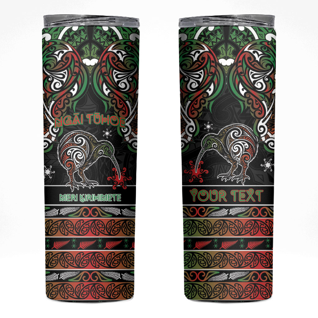 Personalised Ngai Tuhoe Aotearoa Meri Kirihimete Skinny Tumbler Maori Kiwi Bird Silver Fern Koru Pattern