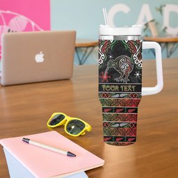 Personalised Ngai Tuhoe Aotearoa Meri Kirihimete Tumbler With Handle Maori Kiwi Bird Silver Fern Koru Pattern