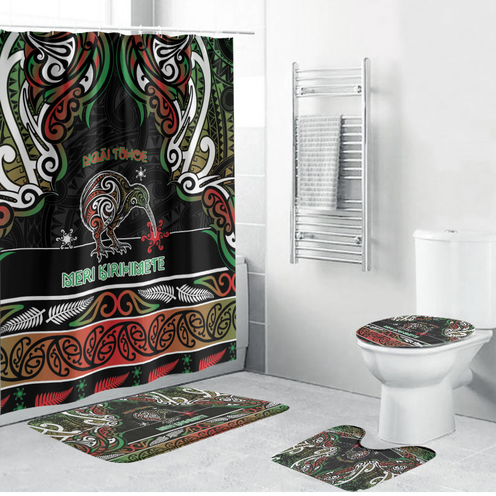 Ngai Tuhoe Aotearoa Meri Kirihimete Bathroom Set Maori Kiwi Bird Silver Fern Koru Pattern
