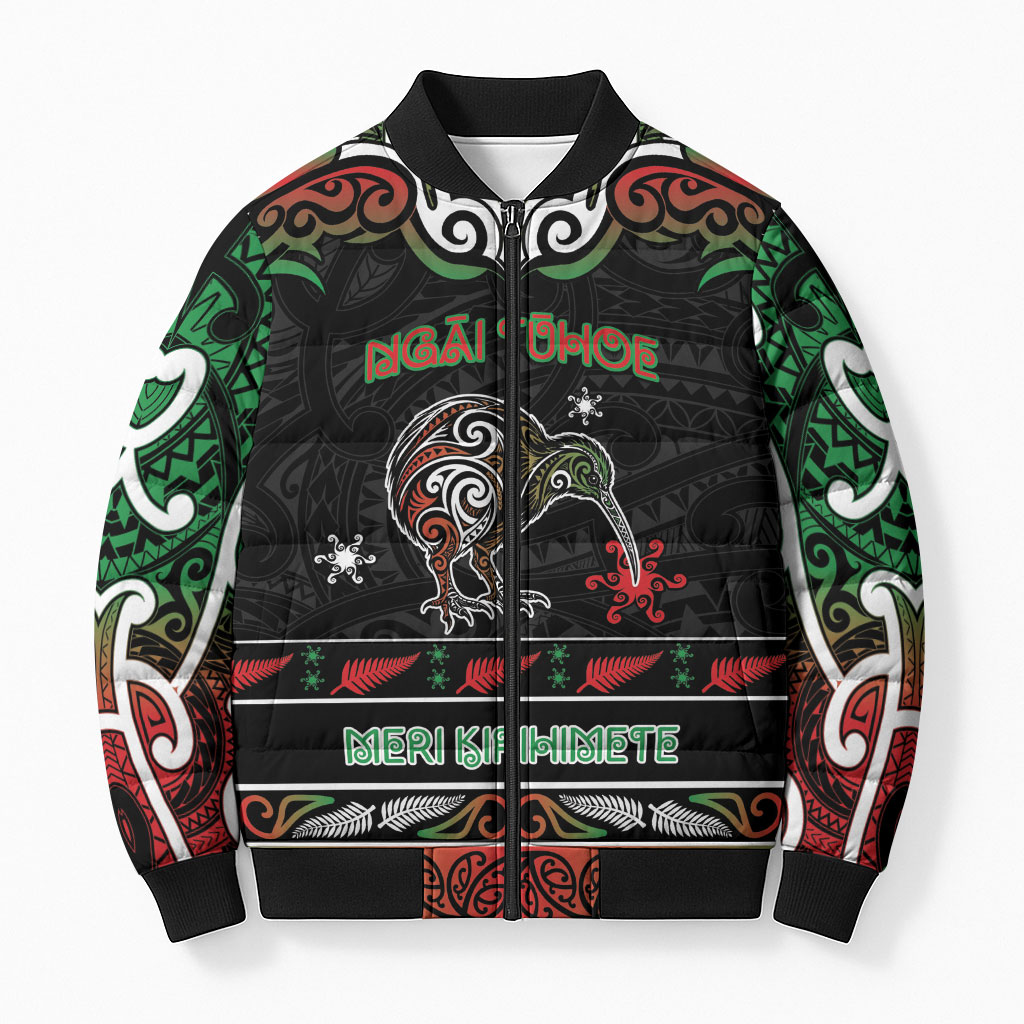 Personalised Ngai Tuhoe Aotearoa Meri Kirihimete Bomber Puffer Jacket Maori Kiwi Bird Silver Fern Koru Pattern