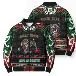 Personalised Ngai Tuhoe Aotearoa Meri Kirihimete Bomber Puffer Jacket Maori Kiwi Bird Silver Fern Koru Pattern