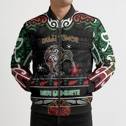 Personalised Ngai Tuhoe Aotearoa Meri Kirihimete Bomber Puffer Jacket Maori Kiwi Bird Silver Fern Koru Pattern