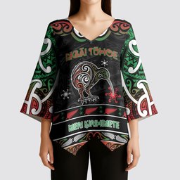 Personalised Ngai Tuhoe Aotearoa Meri Kirihimete Kimono Sleeve Blouse Maori Kiwi Bird Silver Fern Koru Pattern