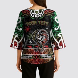 Personalised Ngai Tuhoe Aotearoa Meri Kirihimete Kimono Sleeve Blouse Maori Kiwi Bird Silver Fern Koru Pattern