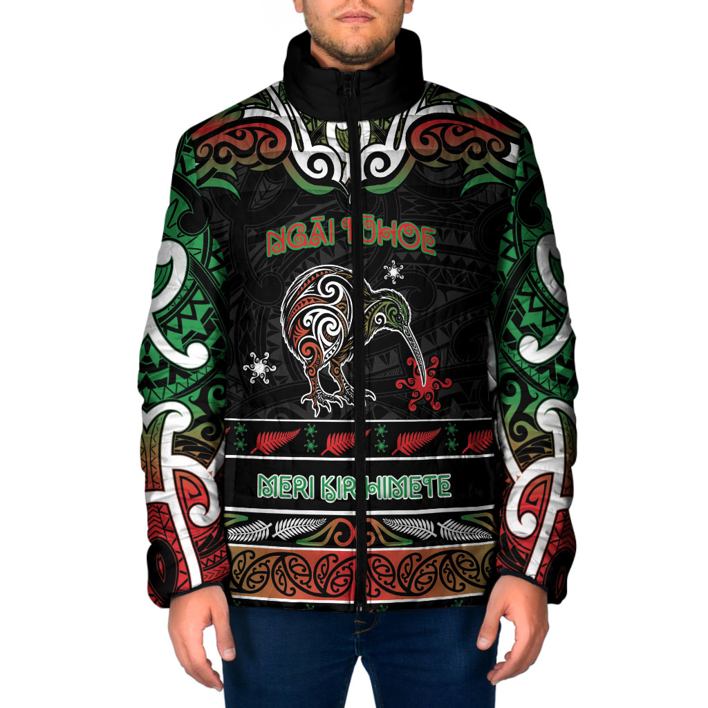 Personalised Ngai Tuhoe Aotearoa Meri Kirihimete Padded Jacket Maori Kiwi Bird Silver Fern Koru Pattern