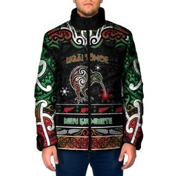 Personalised Ngai Tuhoe Aotearoa Meri Kirihimete Padded Jacket Maori Kiwi Bird Silver Fern Koru Pattern