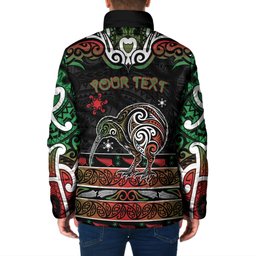 Personalised Ngai Tuhoe Aotearoa Meri Kirihimete Padded Jacket Maori Kiwi Bird Silver Fern Koru Pattern