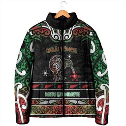 Personalised Ngai Tuhoe Aotearoa Meri Kirihimete Padded Jacket Maori Kiwi Bird Silver Fern Koru Pattern