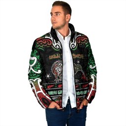 Personalised Ngai Tuhoe Aotearoa Meri Kirihimete Padded Jacket Maori Kiwi Bird Silver Fern Koru Pattern