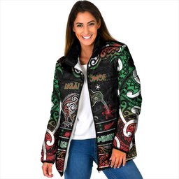 Personalised Ngai Tuhoe Aotearoa Meri Kirihimete Padded Jacket Maori Kiwi Bird Silver Fern Koru Pattern