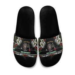 Ngai Tuhoe Aotearoa Meri Kirihimete Slide Sandals Maori Kiwi Bird Silver Fern Koru Pattern