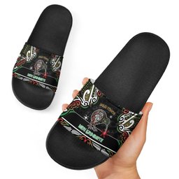 Ngai Tuhoe Aotearoa Meri Kirihimete Slide Sandals Maori Kiwi Bird Silver Fern Koru Pattern