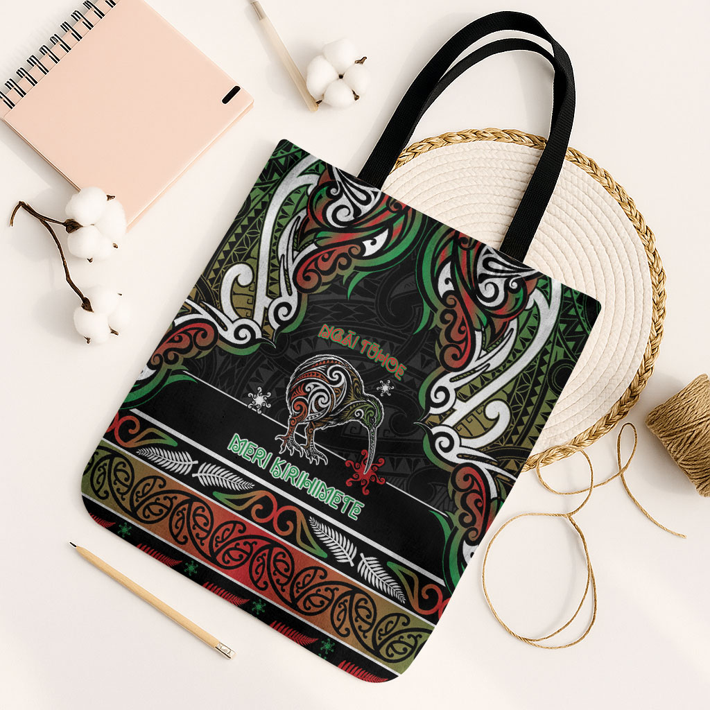 Ngai Tuhoe Aotearoa Meri Kirihimete Tote Bag Maori Kiwi Bird Silver Fern Koru Pattern