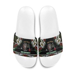 Ngai Tuhoe Aotearoa Meri Kirihimete Slide Sandals Maori Kiwi Bird Silver Fern Koru Pattern