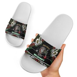 Ngai Tuhoe Aotearoa Meri Kirihimete Slide Sandals Maori Kiwi Bird Silver Fern Koru Pattern