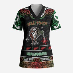 Personalised Ngai Tuhoe Aotearoa Meri Kirihimete Scrub Top Maori Kiwi Bird Silver Fern Koru Pattern