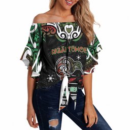 Personalised Ngai Tuhoe Aotearoa Meri Kirihimete Off Shoulder Wrap Waist Top Maori Kiwi Bird Silver Fern Koru Pattern