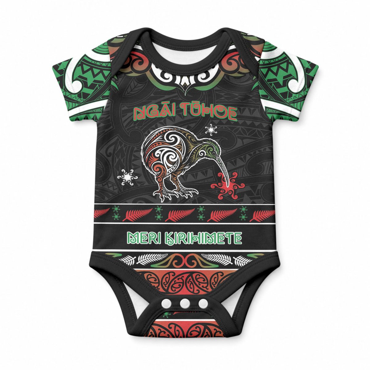 Personalised Ngai Tuhoe Aotearoa Meri Kirihimete Baby Onesie Maori Kiwi Bird Silver Fern Koru Pattern