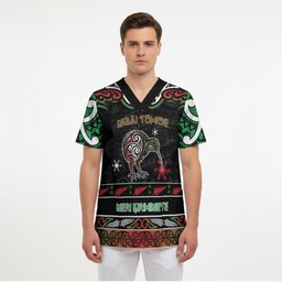 Personalised Ngai Tuhoe Aotearoa Meri Kirihimete Scrub Top Maori Kiwi Bird Silver Fern Koru Pattern