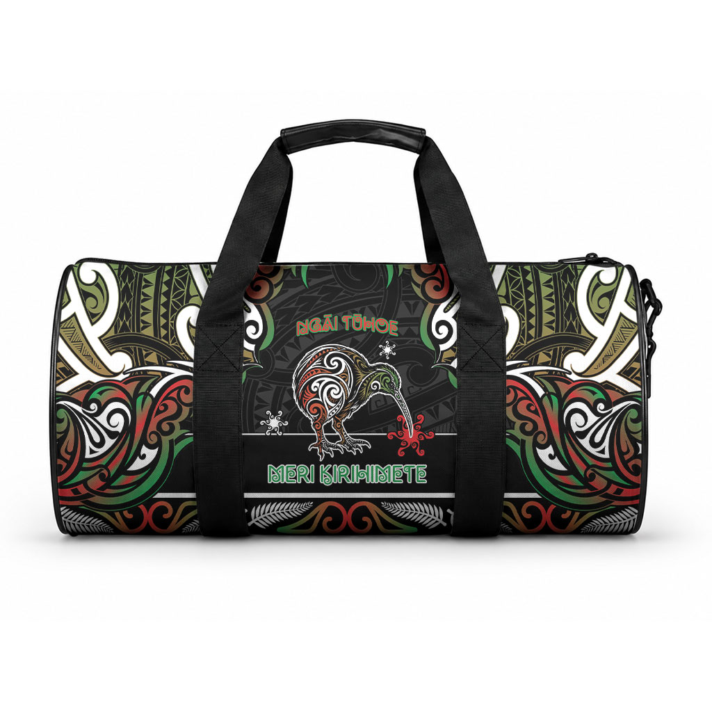 Ngai Tuhoe Aotearoa Meri Kirihimete Duffle Bag Maori Kiwi Bird Silver Fern Koru Pattern