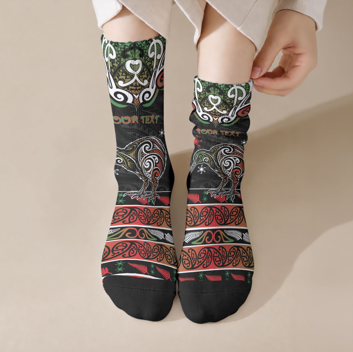 Personalised Ngai Tuhoe Aotearoa Meri Kirihimete Crew Socks Maori Kiwi Bird Silver Fern Koru Pattern