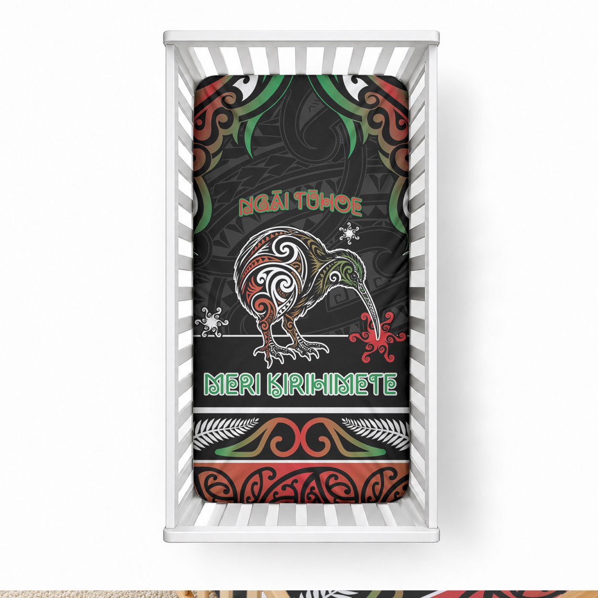 Ngai Tuhoe Aotearoa Meri Kirihimete Baby Bed Cover Maori Kiwi Bird Silver Fern Koru Pattern
