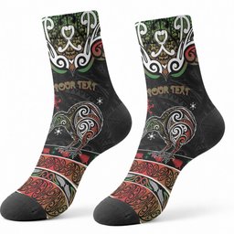 Personalised Ngai Tuhoe Aotearoa Meri Kirihimete Crew Socks Maori Kiwi Bird Silver Fern Koru Pattern