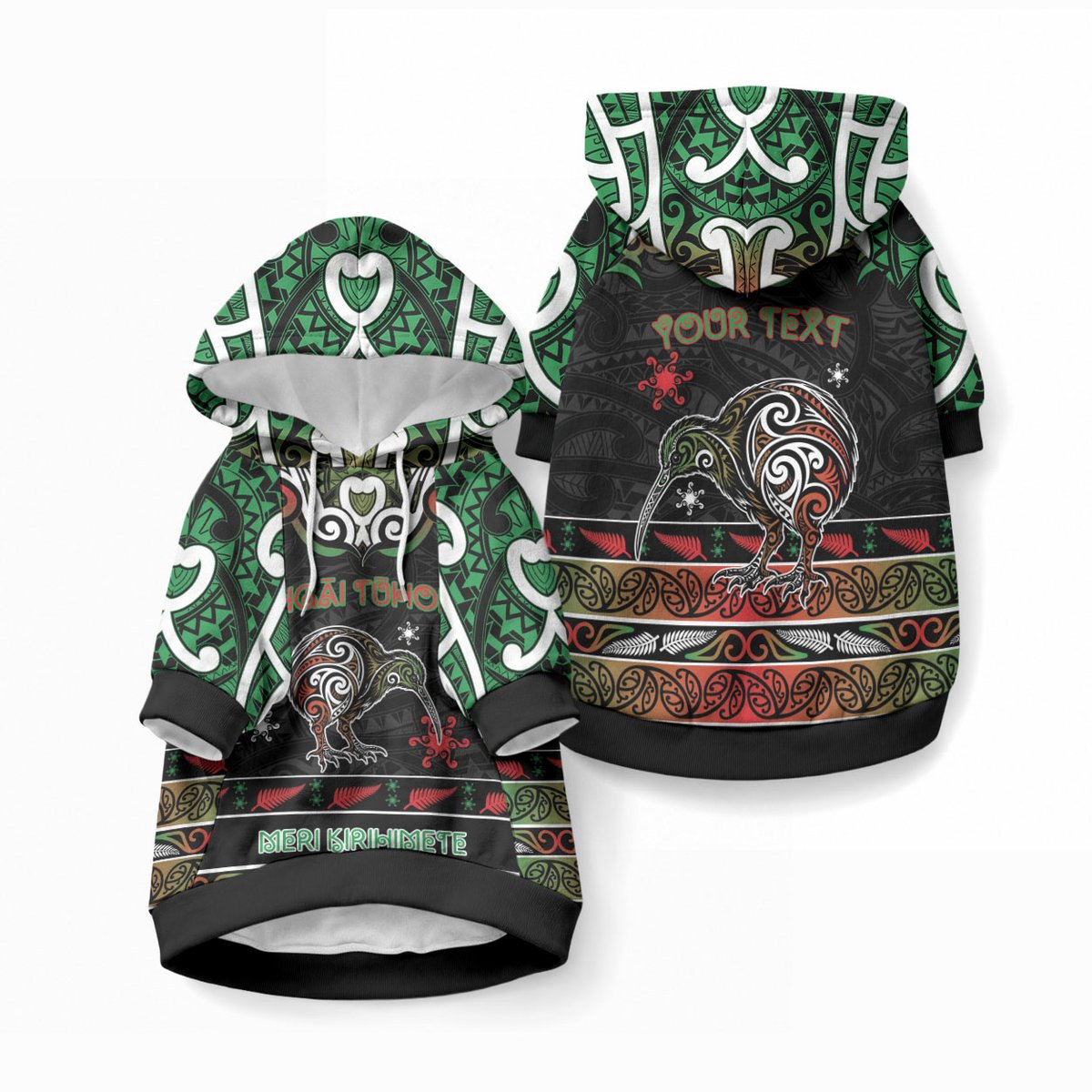 Personalised Ngai Tuhoe Aotearoa Meri Kirihimete Pet Hoodie Maori Kiwi Bird Silver Fern Koru Pattern