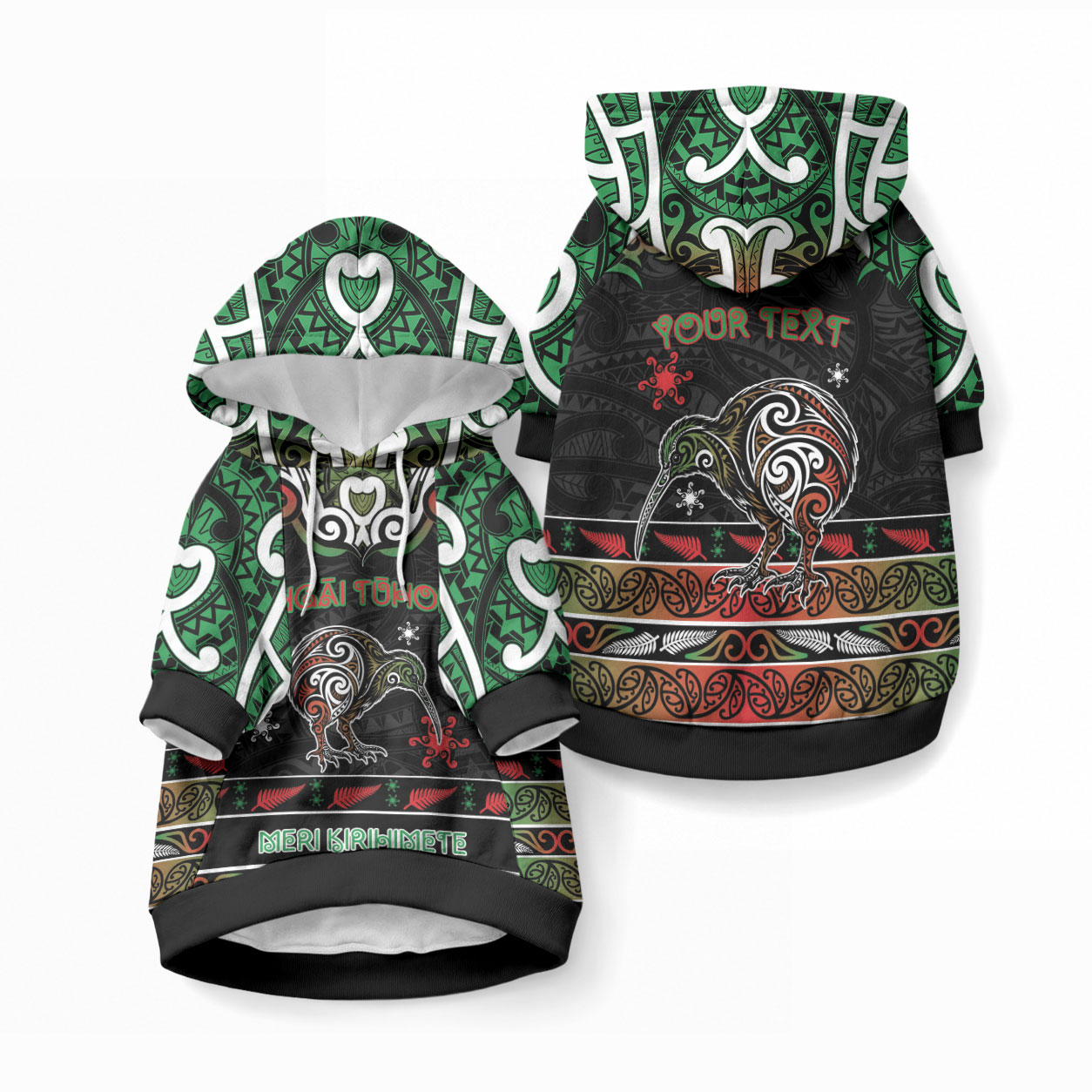 Personalised Ngai Tuhoe Aotearoa Meri Kirihimete Pet Hoodie Maori Kiwi Bird Silver Fern Koru Pattern