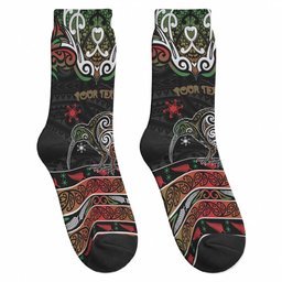 Personalised Ngai Tuhoe Aotearoa Meri Kirihimete Crew Socks Maori Kiwi Bird Silver Fern Koru Pattern