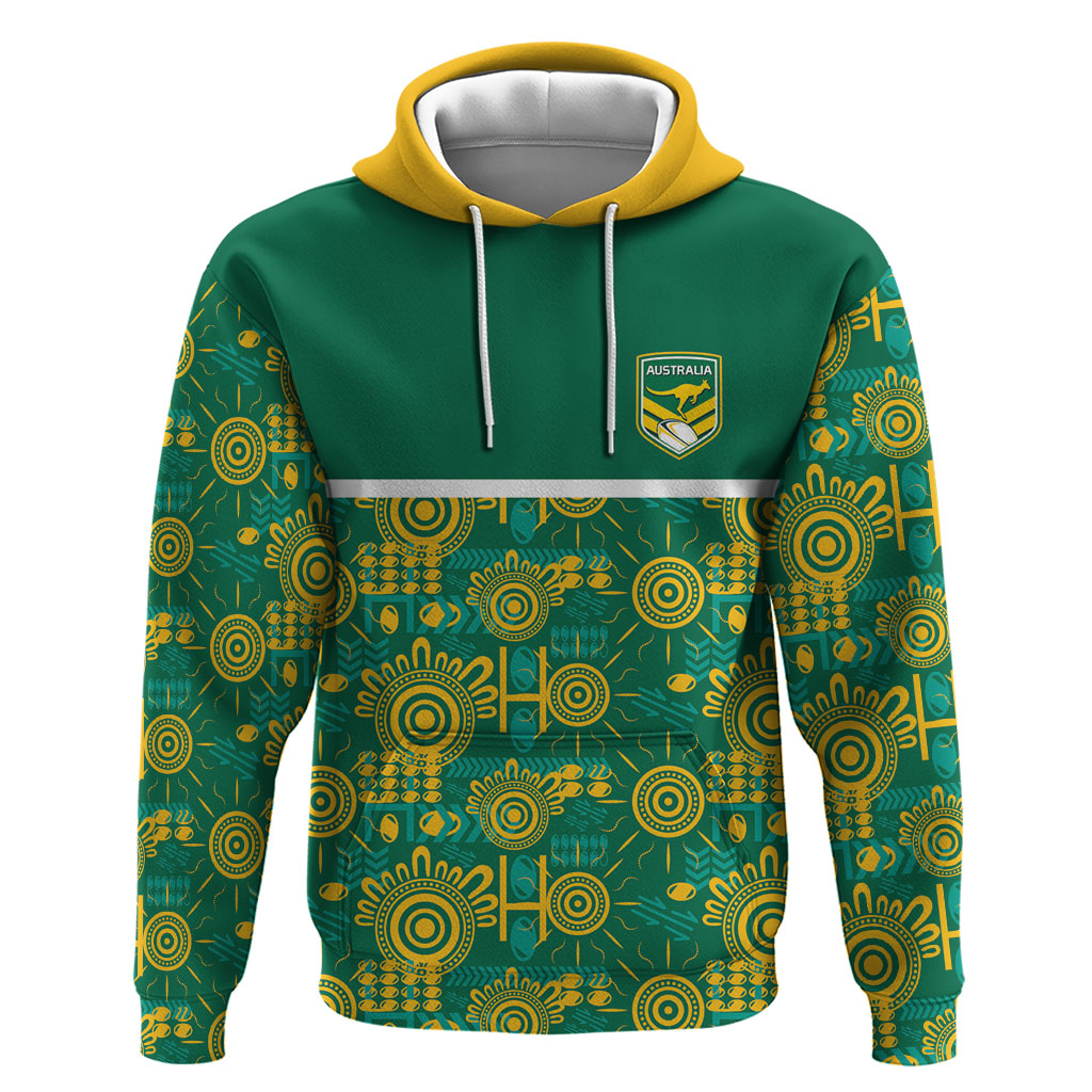 Australia Rugby Kangaroo Hoodie Green Gold Aboriginal Dot Geometry