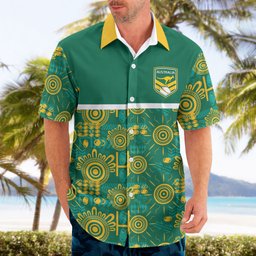 Australia Rugby Kangaroo Hawaiian Shirt Green Gold Aboriginal Dot Geometry