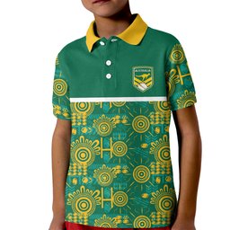 Australia Rugby Kangaroo Kid Polo Shirt Green Gold Aboriginal Dot Geometry