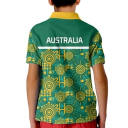 Australia Rugby Kangaroo Kid Polo Shirt Green Gold Aboriginal Dot Geometry