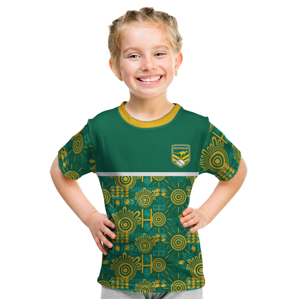 Australia Rugby Kangaroo Kid T Shirt Green Gold Aboriginal Dot Geometry