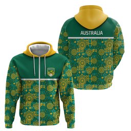 Australia Rugby Kangaroo Zip Hoodie Green Gold Aboriginal Dot Geometry