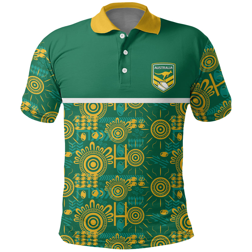 Australia Rugby Kangaroo Polo Shirt Green Gold Aboriginal Dot Geometry