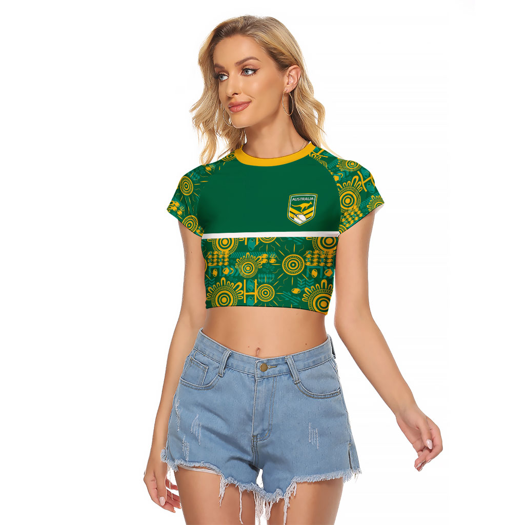 Australia Rugby Kangaroo Raglan Cropped T Shirt Green Gold Aboriginal Dot Geometry