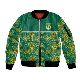 Australia Rugby Kangaroo Sleeve Zip Bomber Jacket Green Gold Aboriginal Dot Geometry