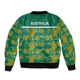 Australia Rugby Kangaroo Sleeve Zip Bomber Jacket Green Gold Aboriginal Dot Geometry